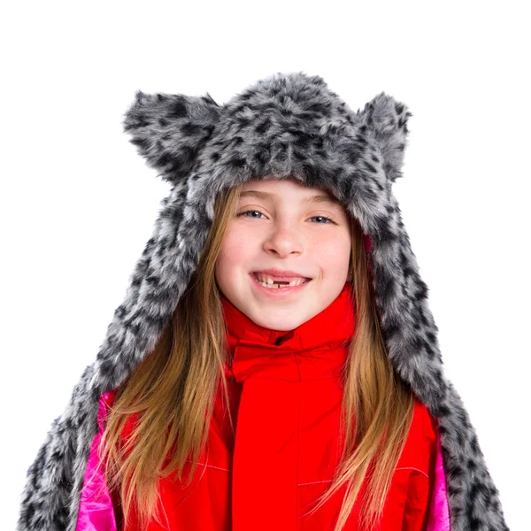 Blond kid girl with winter gray feline fur scarf hat in white — Stock Photo, Image