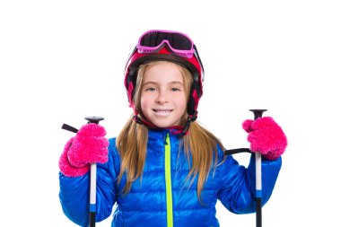 sarışın çocuk kız mutlu olacak kar kayak direkleri ve kask