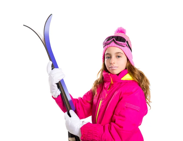 Kid flicka ski med snow utrustning glasögon och vinter mössa — Stockfoto