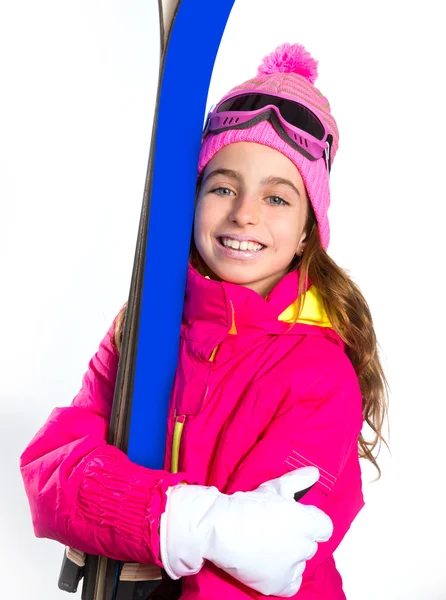 Kid menina esqui com óculos de equipamento de neve e chapéu de inverno — Fotografia de Stock