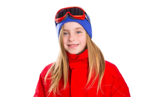 Παιδί ξανθό κορίτσι χειμώνα πορτρέτο με σκι χιόνι γυαλιά — Φωτογραφία Αρχείου