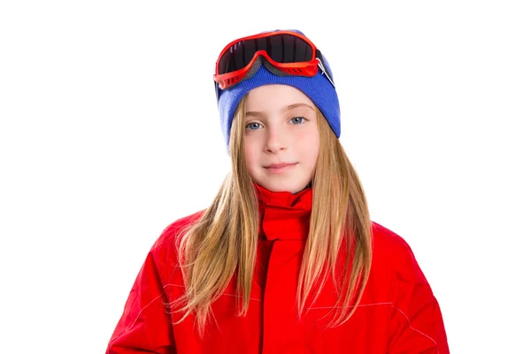 Blond kid girl winter portrait with ski snow goggles — Stock Photo, Image