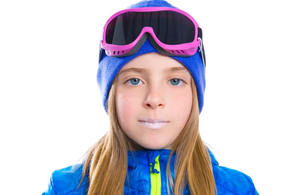 Blond kid girl winter portrait with ski snow goggles — Stock Photo, Image