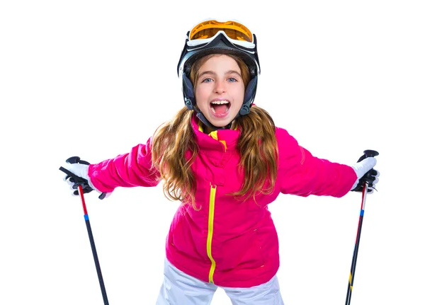 Niña con bastones de esquí casco y gafas sonriendo en blanco — Foto de Stock