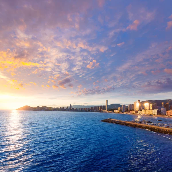 Benidorm alicante zachód słońca plaży playa de Poniente w Hiszpanii — Zdjęcie stockowe