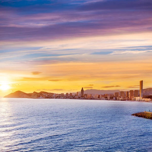 Benidorm alicante zachód słońca plaży playa de Poniente w Hiszpanii — Zdjęcie stockowe