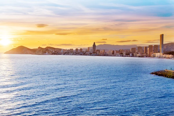 Benidorm alicante zachód słońca plaży playa de Poniente w Hiszpanii — Zdjęcie stockowe