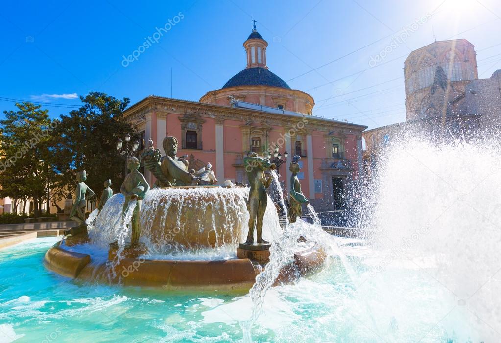 Valencia Neptuno fountain in Plaza de la virgen square Spain