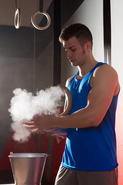 Gym Chalk Magnesium Carbonate hands clap man — Stock Photo, Image