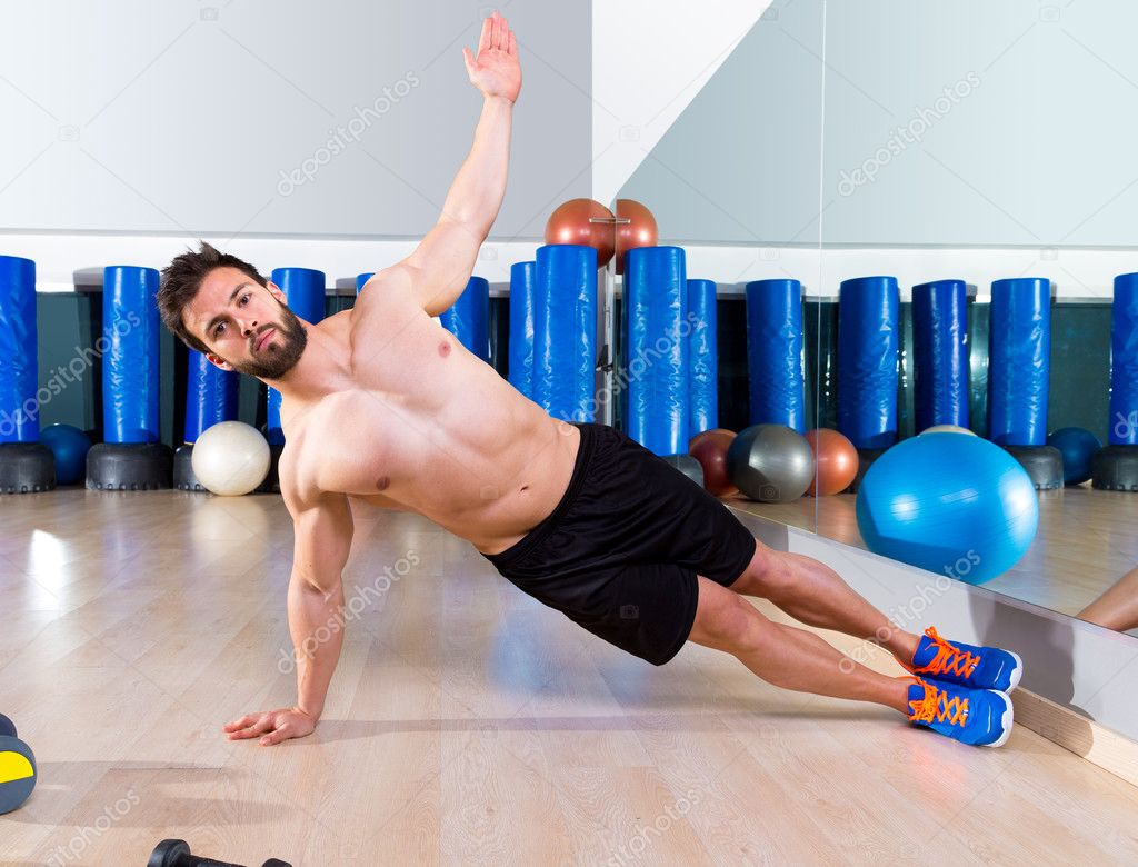 Fitness side push ups man pushup at gym
