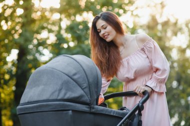 mutlu genç anne ile bebek arabası sonbahar parkta yürüyüş