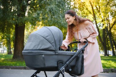 güzel ve genç kadın anne ve Bebek arabasındaki bebek parkta yürüyüş