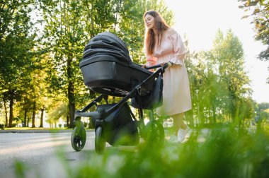 mutlu genç anne ile bebek arabası sonbahar parkta yürüyüş
