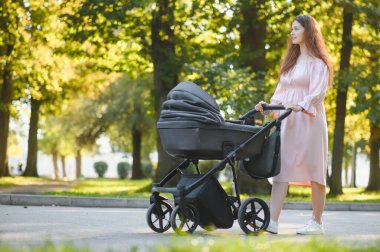 mutlu genç anne ile bebek arabası sonbahar parkta yürüyüş