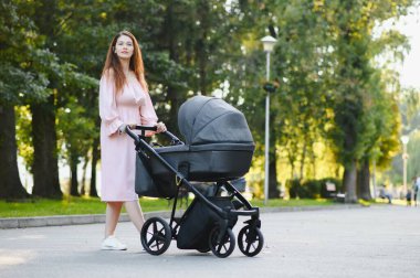 mutlu genç anne ile bebek arabası sonbahar parkta yürüyüş