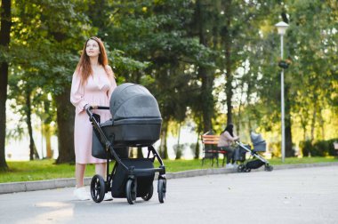 güzel ve genç kadın anne ve Bebek arabasındaki bebek parkta yürüyüş
