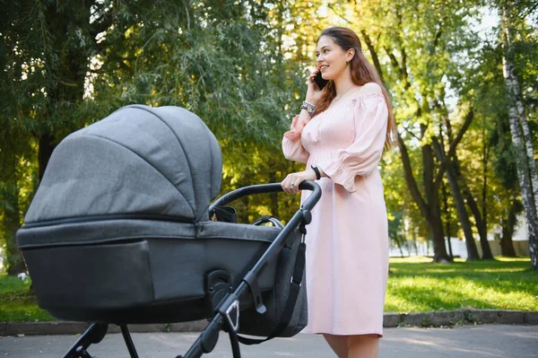 Aile, çocuk ve ebeveyn kavramı - mutlu anne ile bebek arabası Park yürüme.