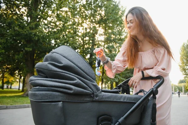 mutlu genç anne ile bebek arabası sonbahar parkta yürüyüş