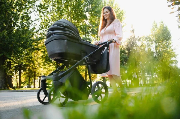 Aile, çocuk ve ebeveyn kavramı - mutlu anne ile bebek arabası Park yürüme.