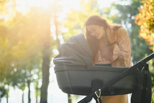 Glad Ung Mamma Med Bebis Barnvagn Höst Park — Stockfoto