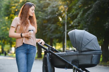 güzel ve genç kadın anne ve Bebek arabasındaki bebek parkta yürüyüş