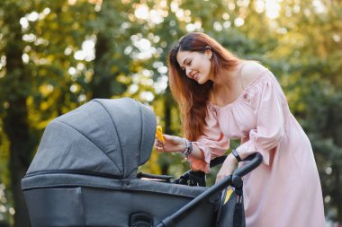 mutlu genç anne ile bebek arabası sonbahar parkta yürüyüş