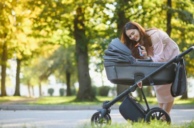 mutlu genç anne ile bebek arabası sonbahar parkta yürüyüş