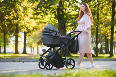 mutlu genç anne ile bebek arabası sonbahar parkta yürüyüş