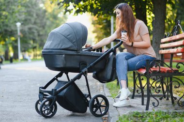 mutlu genç anne ile bebek arabası sonbahar parktaki bankta oturmuş