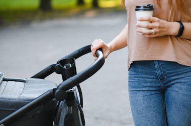 güzel ve genç kadın anne ve Bebek arabasındaki bebek parkta yürüyüş