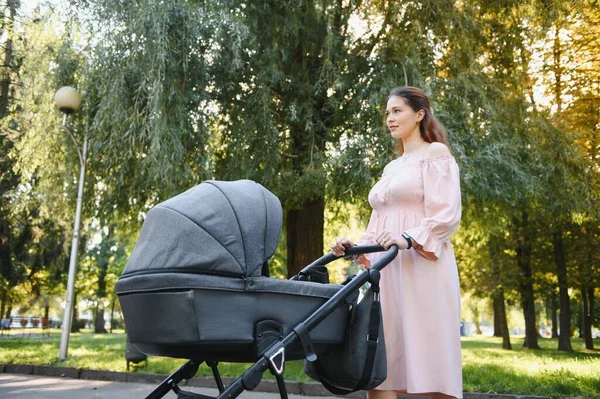 Happy Young Mother Baby Buggy Walking Autumn Park — Stock Photo, Image