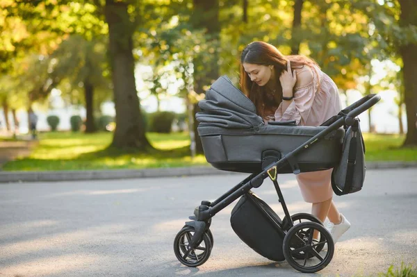 Madre Con Carrozzina Nel Parco — Foto Stock