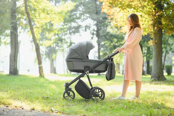 Glückliche Junge Mutter Mit Baby Buggy Spazieren Herbstpark — Stockfoto