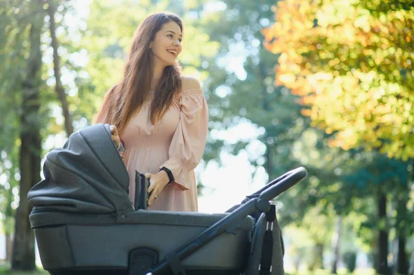 güzel ve genç kadın anne ve Bebek arabasındaki bebek parkta yürüyüş