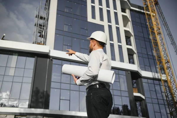 Successful Engineer Architect Crane Building Construction Backgrpound Joyous Businessman Wearing — Stock Photo, Image