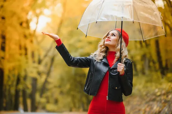 Ein Mädchen Spaziert Herbstlichen Park Unter Einem Regenschirm — Stockfoto