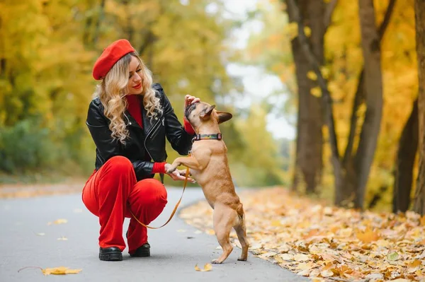 Wanita Dengan Anjing Berjalan Taman — Stok Foto