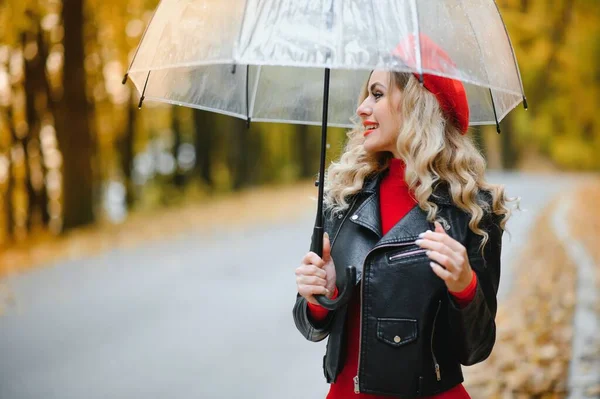 Woman Umbrella Walks Park Autumn — Stock Photo, Image