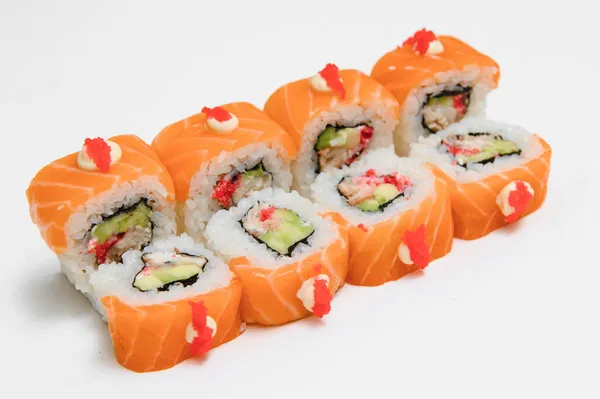 Japanse Zeevruchten Sushi Roll Een Witte Achtergrond — Stockfoto