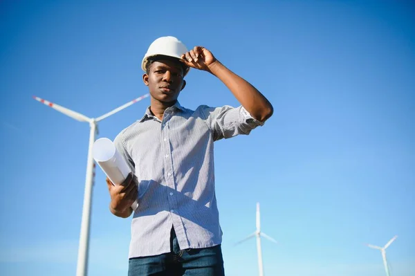 Mannelijke Ingenieur Windmolenpark Voor Elektriciteitsproductie — Stockfoto