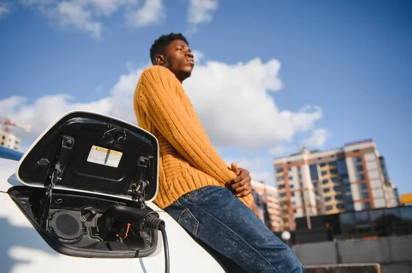 Electric Cars Concept Eco Friendly Fuel Portrait Young Smiling Black — Stockfoto