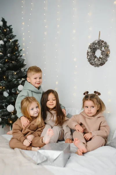 Veselé Děti Dárky Příští Vánoční Stromek — Stock fotografie