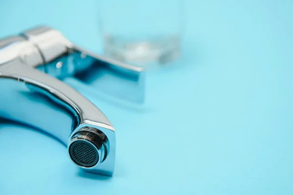 Single Handle Water Tap Light Blue Background Closeup — Stock Photo, Image
