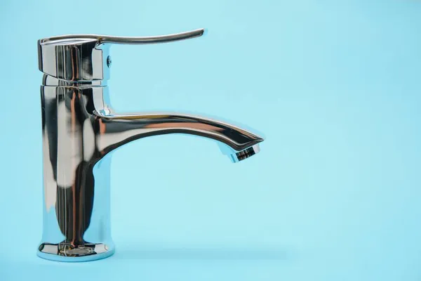 Single Handle Water Tap Light Blue Background New Chrome Steel — Stock Photo, Image