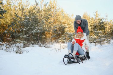 Güzel, genç bir çift, dağlarda bir kış tatilinde eğleniyor, erkek arkadaş, kız arkadaşını kızağa itiyor, karlı, sisli kış gününün tadını çıkarıyor.