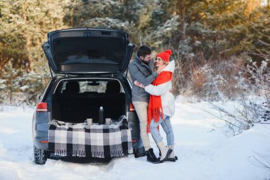 Ormanda kış pikniği. Karda aşk hikayesi. Kışın çiftler karda oynaşıyor ve çam ağacının yanında sarılıyorlar. Kış yürüyüşüne çıkmış iki sevgili. Çiftler için kırsal tarzda Sevgililer Günü. Kış Aşk Hikayesi