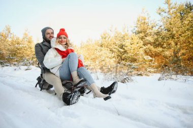 Genç mutlu çift ormanda kışın kızak kayıyor