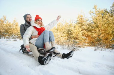 Genç mutlu çift ormanda kışın kızak kayıyor