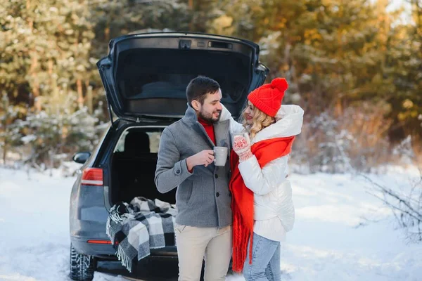 Güzel, gülümseyen bir çift kış ormanında arabanın bagajında oturuyor.