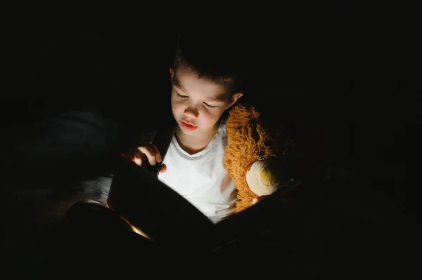 Retrato Lindo Niño Leyendo Cama Con Linterna Habitación Oscura Disfrutando —  Fotos de Stock